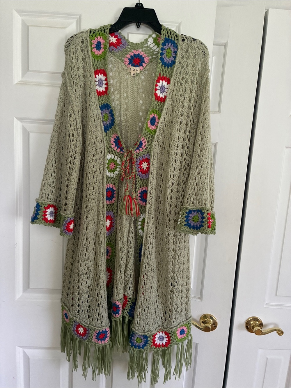 Boutique Boho Crochet-Trim Open Front Olive Green Sage Women's Sweater Cardigan - Picture 6 of 10